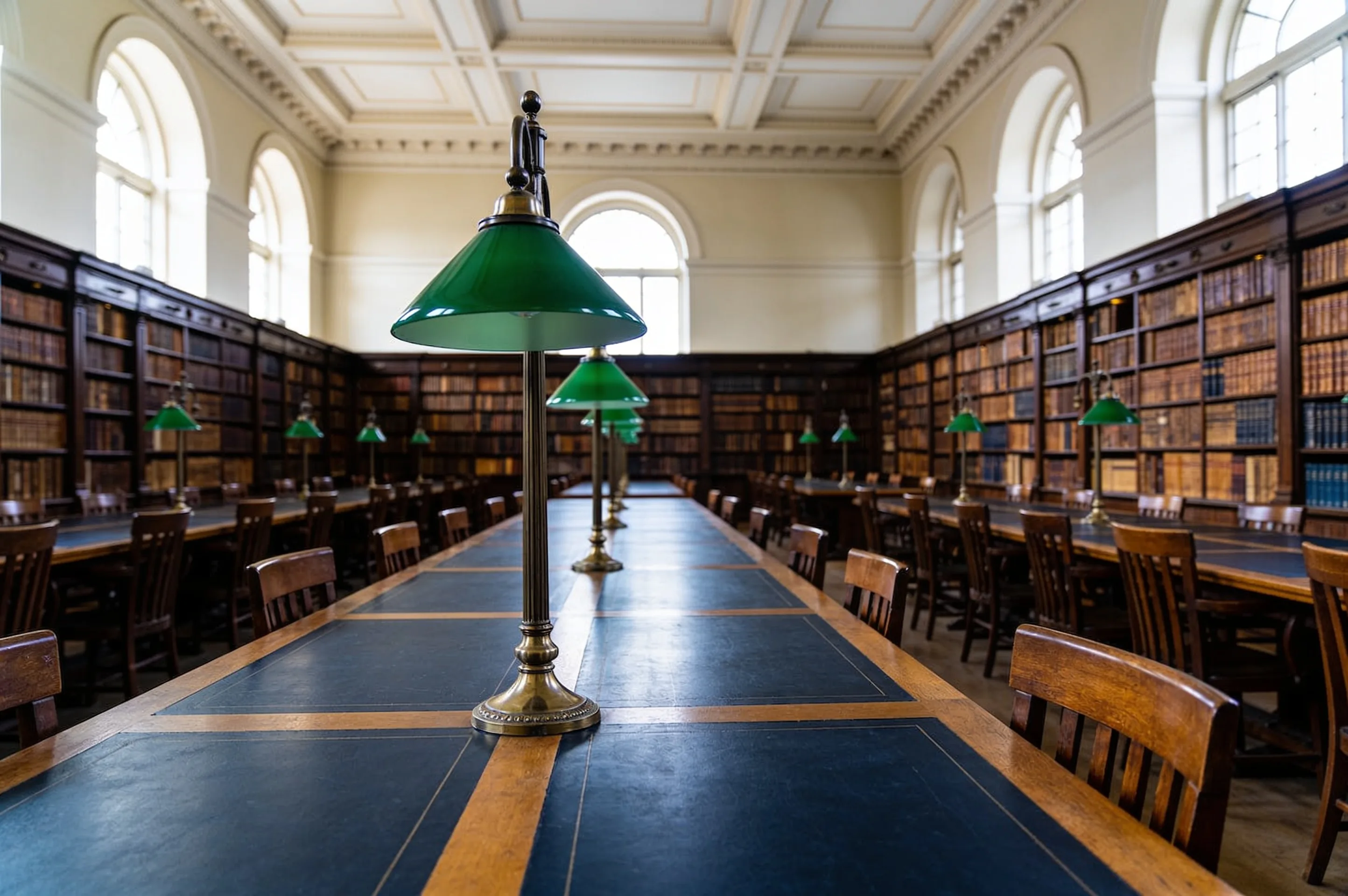 Sala de lectura clásica con largas mesas de madera, lámparas verdes y estanterías de libros encuadernados
